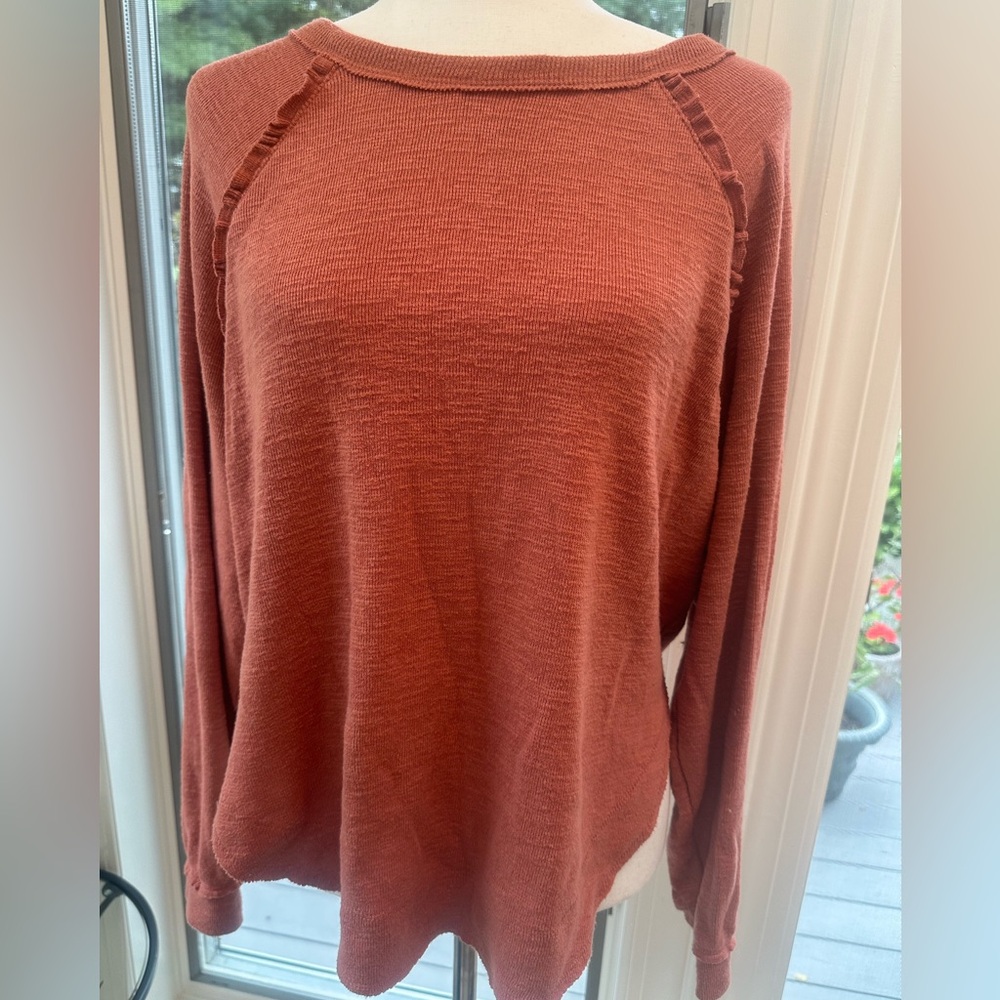 Pilcro EUC S Rounded Hem Ruffled Long Sleeve cotton/poly Shirt Top Burnt Orange